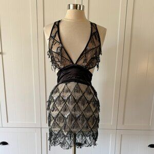 Mew Mews Black Beaded Fringe Mini Dress Sheer Cutout Open Back